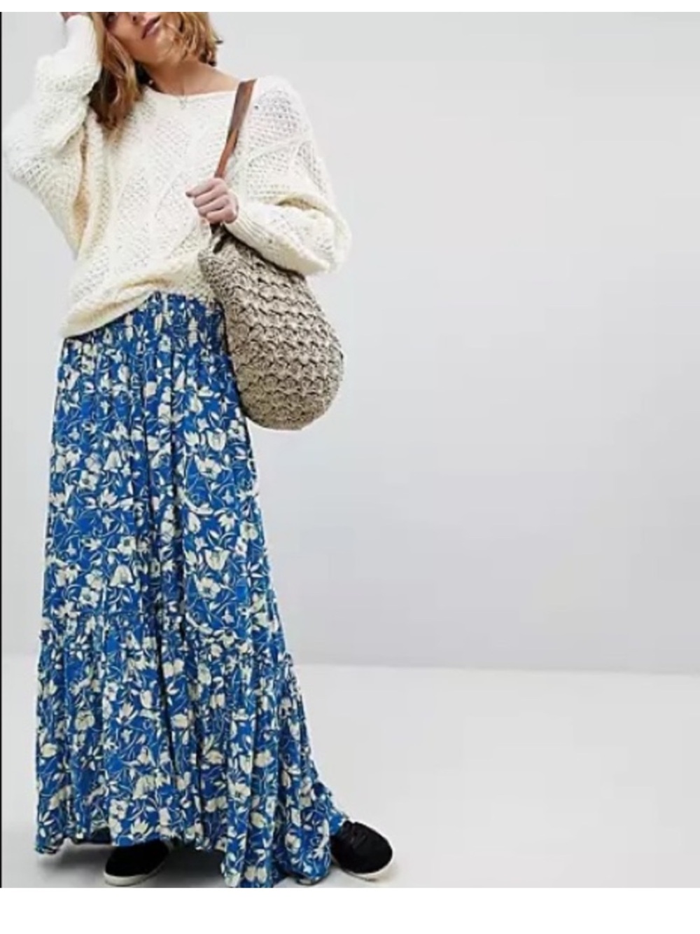 Free People Way Of The Wind Teal Blue Floral Tiered Maxi Skirt XS - Picture 1 of 16